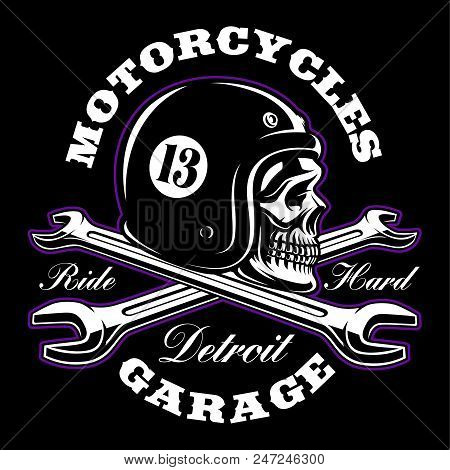 Biker Skull With Wrences On Dark Background. Text Is On The Separate Group.