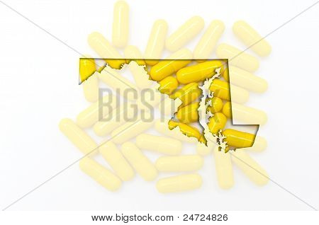 Kontur kort over Maryland med gennemsigtig piller i baggrunden