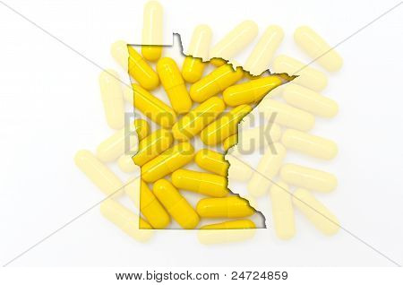 Kontur kort over Minnesota med gennemsigtig piller i baggrunden