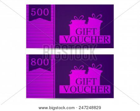 Gift Voucher With Gift Boxes In The Amount Of 500 And 800. Purple. Vector Illustration