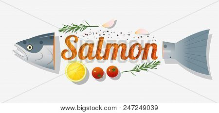 Word Salmon Design Decorated With Fresh Raw Salmon Fish And Spices On White Background , Vector , Il