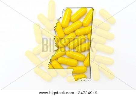 Kontur kort over Mississippi med gennemsigtig piller i baggrunden