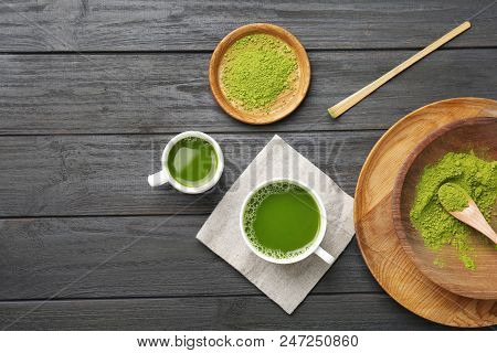Flat Lay Composition With Matcha Tea On Wooden Background