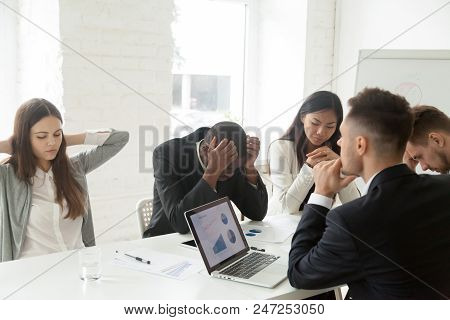 Disappointed Diverse Millennial Team Feeling Despair Because Of Bad Results Or Falling Statistics, U