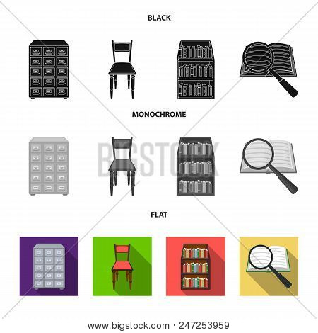 Cabinet With Filing Cabinet, Chair, Shelves, Information Search. Library And Bookstore Set Collectio
