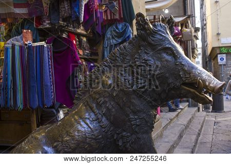 Florence, Italy - November 22 2015: Close Up Of The Porcellino Bronze Statue In Florence, Italy