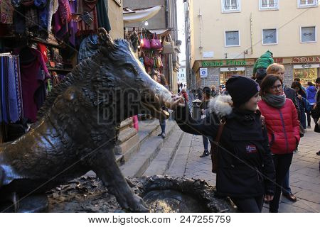 Florence, Italy - November 22 2015: People Around The Porcellino Statue In Florence, That Bring Good