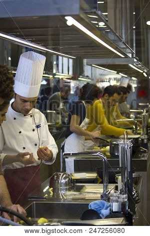 Florence, Italy - November 22 2015: People Learn To Make Pasta Inside A Kitchen School Inside Mercat