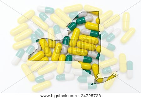 Kontur kort over New York med gennemsigtig piller i baggrunden