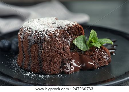 Delicious Fresh Fondant With Hot Chocolate And Blueberries Served On Plate. Lava Cake Recipe
