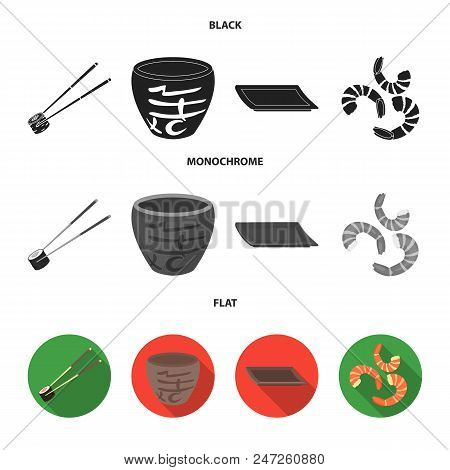 Sticks, Shrimp, Substrate, Bowl.sushi Set Collection Icons In Black, Flat, Monochrome Style Vector S