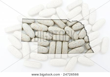 Kontur kort over Nebraska med gennemsigtig piller i baggrunden