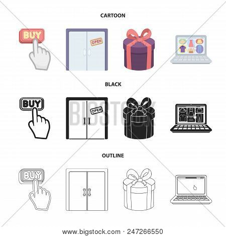 Hand, Click, Elevator, Gift, Box, Door, Online Store And Other Equipment. E Commerce Set Collection 