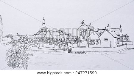 Ink Line Drawing Of The Chinese Bridge At Godmanchester Cambridgeshire England.