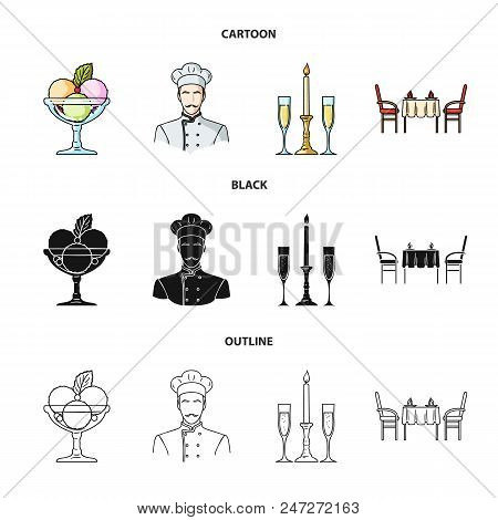 Ice Cream With Fruit, Chef, Candle And Glasses, A Covered Table.restaurant Set Collection Icons In C