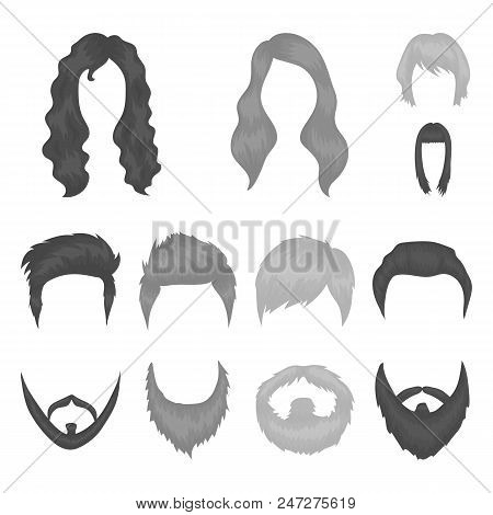 Mustache And Beard, Hairstyles Monochrome Icons In Set Collection For Design. Stylish Haircut Vector