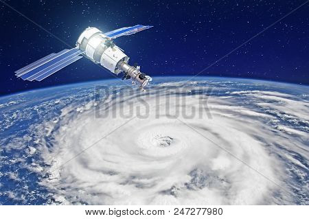 Research, Probing, Monitoring Of Tracking In A Tropical Storm Zone, A Hurricane. Satellite Above The