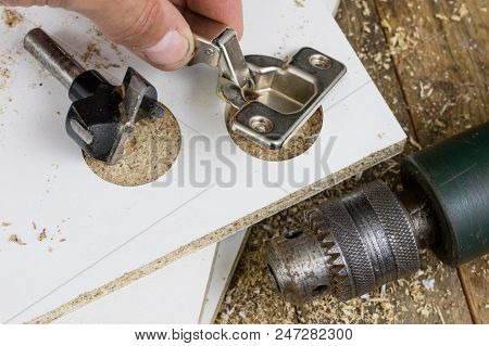 Milling Cutter For Fixing Hinges In Chipboard. Joinery Accessories For Furniture Construction.