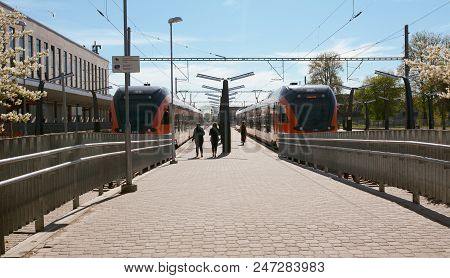 Tallinn, Estonia - May 12, 2018: Trains Wait At Platforms At Baltic Station - Balti Jaam - The Main 