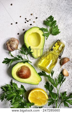 Food Background With Ingredients For Making Mexican Avocado Dip Guacamole.top View.