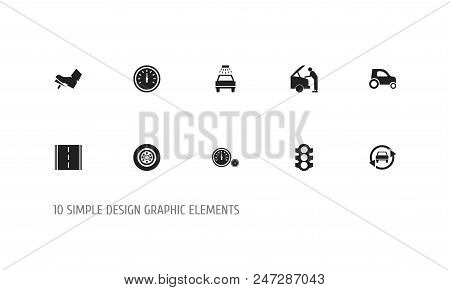 Set Of 10 Editable Transport Icons. Includes Symbols Such As Road, Gas Pedal, Car Lave And More. Can