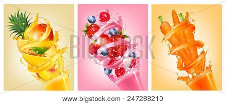 Set Of Labels Of Of Fruit In Juice Splashes. Strawberry, Blueberry, Raspberry, Carrot, Pineapple, Ma