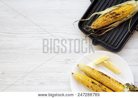 Grilled Corn On The Cob, Top View. Copy Space.