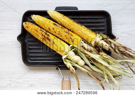 Grilled Corn On The Cob In A Grilling Pan, Top View.