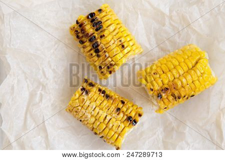 Grilled Corn On The Cob, Closeup. Summer Food. Top View, From Above.