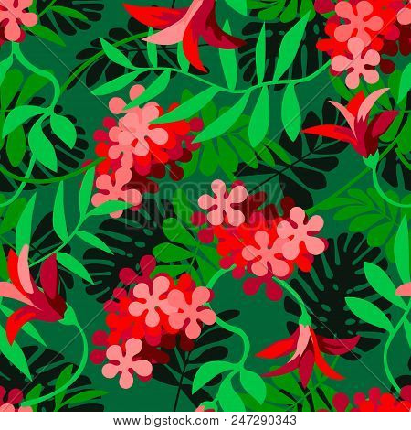 Tropical Forest And Flowers Seamless Pattern In Red And Green