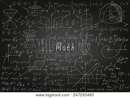 Mathematical Formulas Drawn By Hand On A Black Chalkboard For The Background. Vector Illustration.