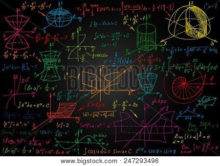 Mathematical Colorful Formulas Drawn By Hand On A Black Chalkboard For The Background. Vector Illust