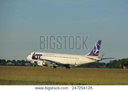 Amsterdam, The Netherlands  - June 1st, 2017: Sp-lnd Lot - Polish Airlines Embraer Erj-195lr Taking 