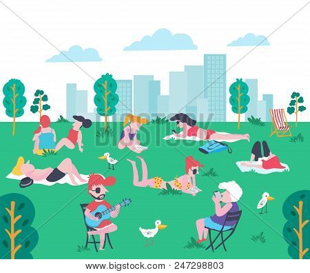 Cartoon Flat Style People At The Park In Summer, Sunbathing, Chitchatting, Reading Book, Playing Pho