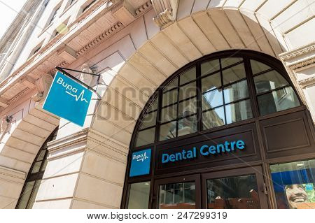 London. May 2018. A View Of A Bupa Health Centre In The City Of London In London.