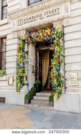 London. May 2018. A View Of The Lombard Street Resurant In The City Of London In London.