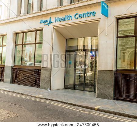 London. May 2018. A View Of A Bupa Health Centre In The City Of London In London.