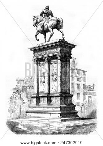 Equestrian statue of Bartolomeo Colleoni, in front of the Church of St John and St Paul, in Venice, vintage engraved illustration. Magasin Pittoresque 1855.