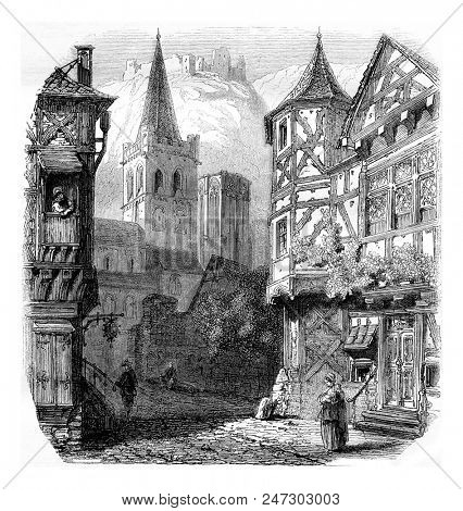 Old houses in Bacharach on the left bank of the Rhine, vintage engraved illustration. Magasin Pittoresque 1855.