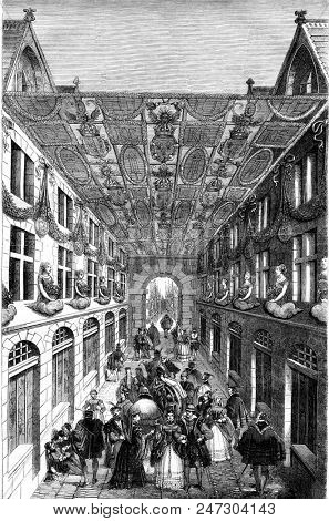 Decoration of the bridge Notre-Dame, bet for the entrance of Charles IX, in 1571, vintage engraved illustration. Magasin Pittoresque 1846.