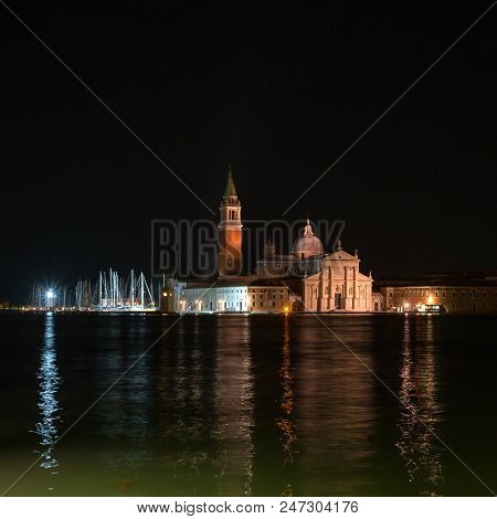 Night Shot Of Church San Giorgio Maggiore By Andrea Palladio At Venice. Italy. The Church Is Reflect