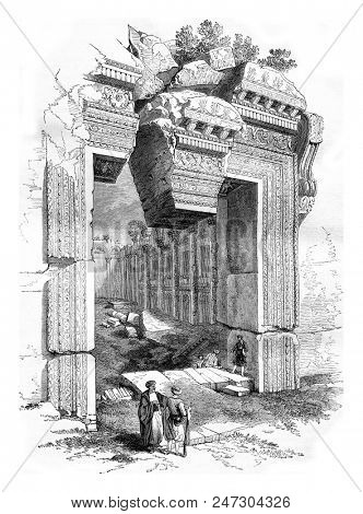 Entrance door to the Temple of Jupiter, in Balbek, Roberts work on Syria, vintage engraved illustration. Magasin Pittoresque 1855.