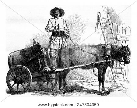 Sakadjiou or Walach water carrier, vintage engraved illustration. Magasin Pittoresque 1855.