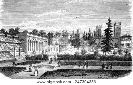 Montpellier, The Jardin des Plantes, vintage engraved illustration. Magasin Pittoresque 1846.