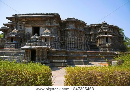 North Entrance On The Left, Facade And Ornate Wall Panel Relief Of The North Side, Hoysaleshwara Tem
