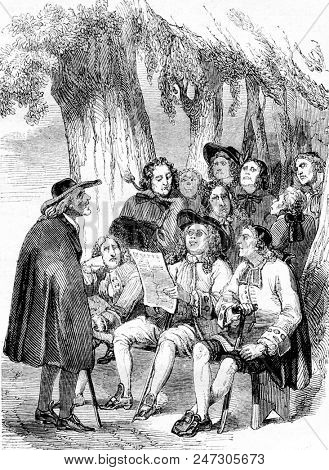 The Novelists under the tree Krakow, Caricature of the eighteenth century, vintage engraved illustration. Magasin Pittoresque 1844.