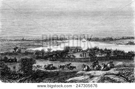 Village iolofs of Diodoune, on the banks of Senegal, vintage engraved illustration. Magasin Pittoresque 1846.