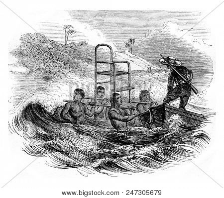 Way to land at the Ciara, The Paviola, vintage engraved illustration. Magasin Pittoresque 1855.