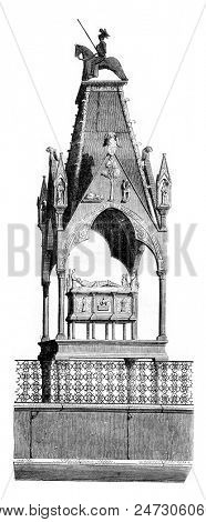 Can tomb of the scala, church St. Mary of the scala, a Verona, vintage engraved illustration. Magasin Pittoresque 1844.