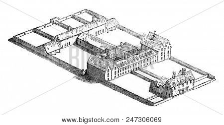 View has a straight line of a workhouse, Ireland, vintage engraved illustration. Magasin Pittoresque 1844.